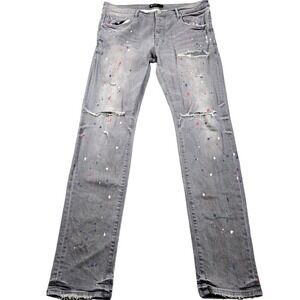 Purple Brand P001 Jeans Mens 36x33 Gray Paint Slim Straight Distressed Denim